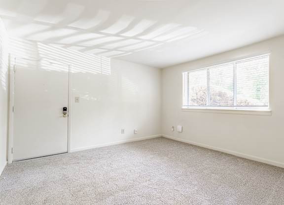 A room with a white door and a window with blinds