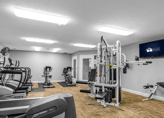 our gym is equipped with state of the art equipment including cardio machines and weights at Bay Pointe Apartments, Lafayette, IN, 47909
