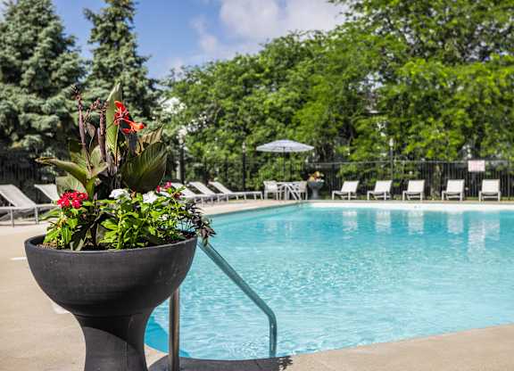 A pool with a flower pot in the foreground.
