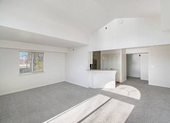 A spacious living and dining room with a grey carpet  and cathedral ceiling at Black Sand Apartment Homes in Lincoln, NE
