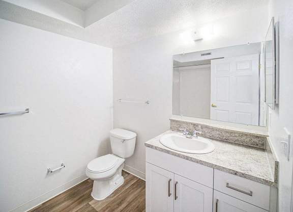 an upgraded bathroom with hard surface flooring at Black Sand Apartment Homes in Lincoln, NE