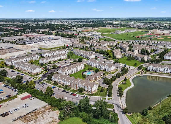Aerial view of residential community with amenities at Black Sand Apartments Homes, Lincoln, Nebraska