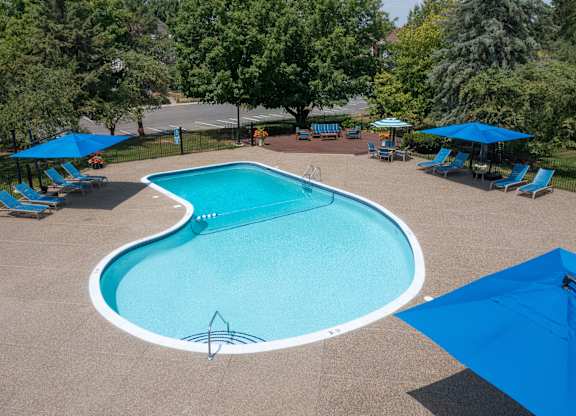 A large outdoor swimming pool surrounded by trees and lounge chairs.