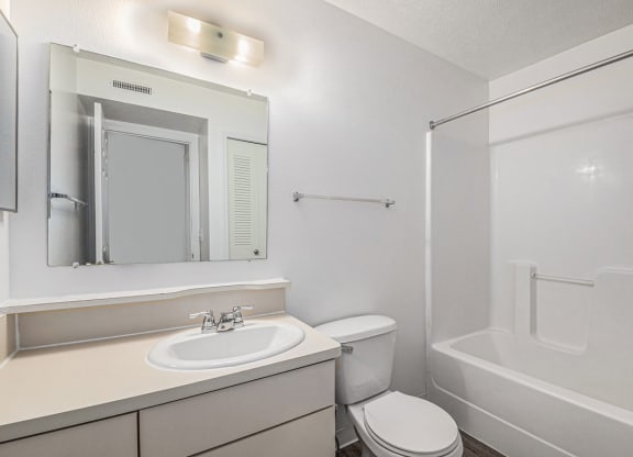 primary bathroom with a sink, toilet and a shower  at Black Sand Apartment Homes, Lincoln, NE
