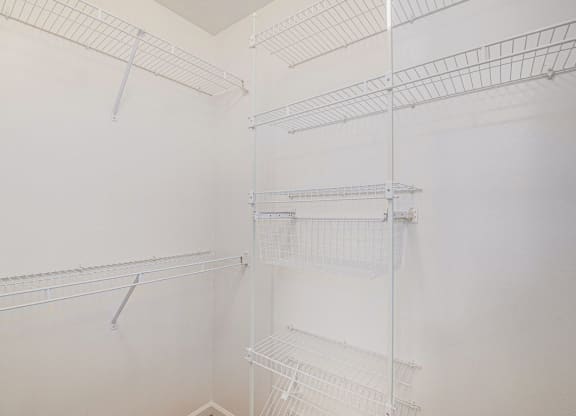 Large walk in closet with wardrobe organizers  at Black Sand Apartment Homes, Lincoln, NE
