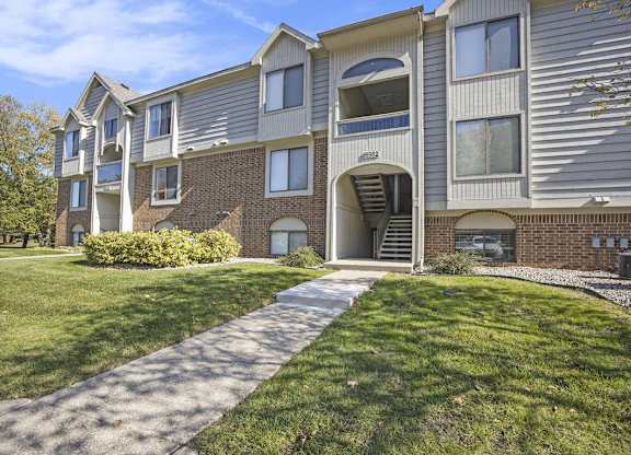 our apartments offer a walkway to the front of the building at Byron Lakes Apartments, Byron Center, Michigan
