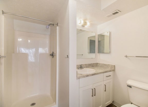 an upgraded bathroom with white cabinetry and a shower at Canal 2 Apartments, Lansing, Michigan