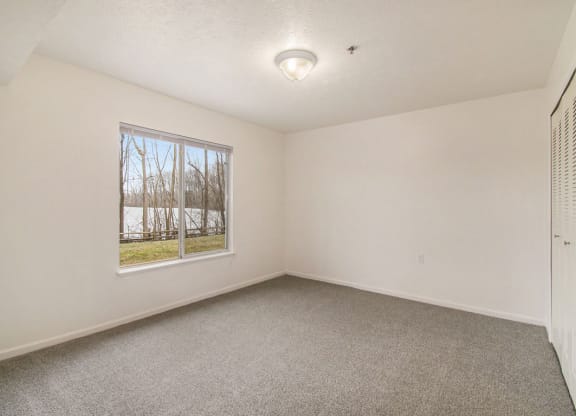 Bedroom with a large window and carpet at Canal 2 Apartments, Lansing, Michigan