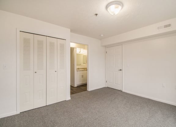an empty bedroom with spacious closets and a carpeted floor at Canal 2 Apartments, Lansing, Michigan