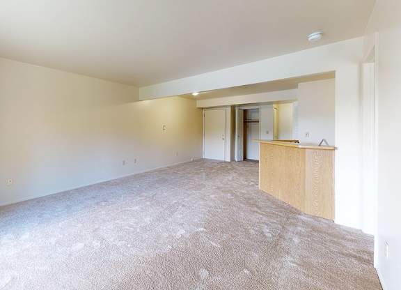 A large, empty living room with a carpeted floor at Canal Club Apartments, Lansing, 48917