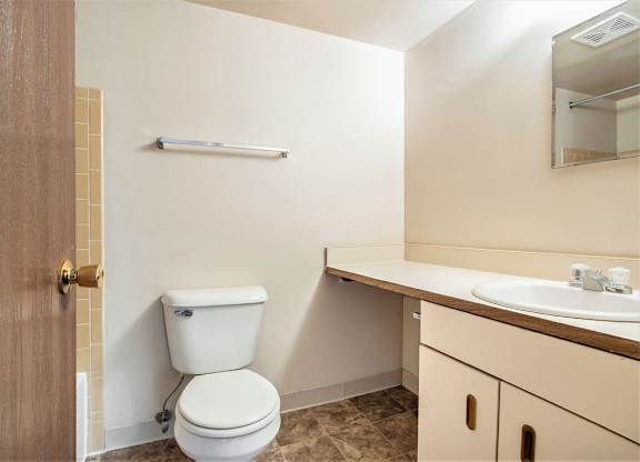 A bathroom with a toilet next to a sink and large vanity at Concord Place Apartments, Kalamazoo, MI, 49009
