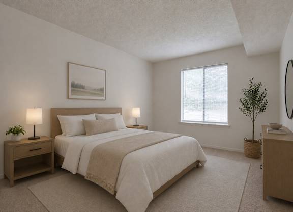A bedroom with a large bed, nightstands, and a plant.