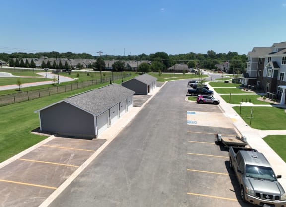 Aerial View of Parking Lot with Garages at Dodson Pointe Apartment Homes, Rogers, AR