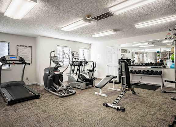 A well-equipped gym with treadmills, elliptical machines, and weightlifting equipment