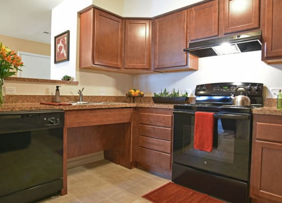 Kitchen with Black Appliances at Irene Woods Apartments, Tennessee, 38017