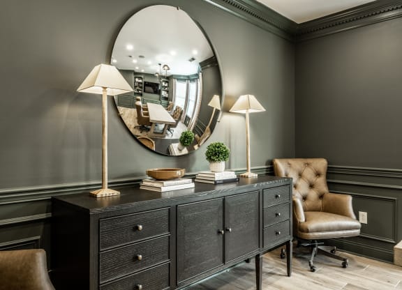 Business center furnishings in clubhouse at Alexandria of Carmel Apartments, Carmel, IN, 46032