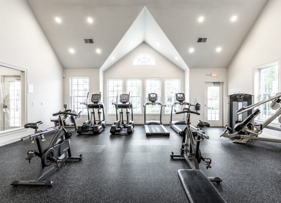 Fitness center with windows at Alexandria of Carmel Apartments, Indiana, 46032
