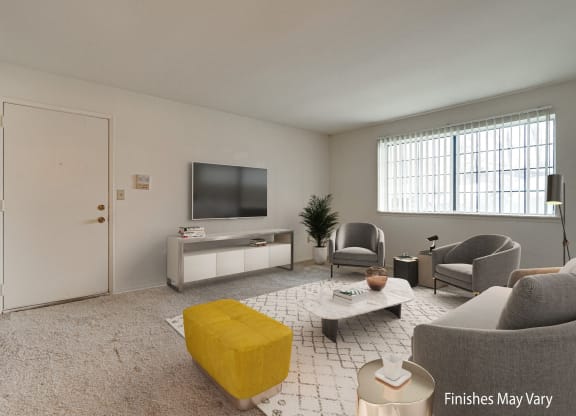 Mina Layout Model Living Room with Large Windows at Fox Pointe Apartments, East Moline