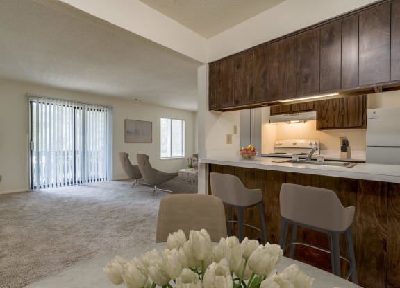 Marigold Deluxe Layout View of Living and Kitchen Areas at Lake in the Pines, NC