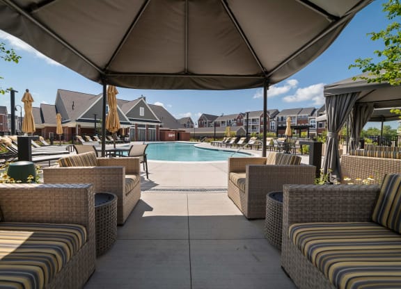 Pool Deck with Cabanas at Montgomery Place Apartments, Montgomery, IL