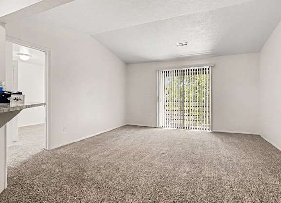 A living room with a carpeted floor and a sliding glass door to a balcony at Emerald Park Apartments, Kalamazoo, Michigan