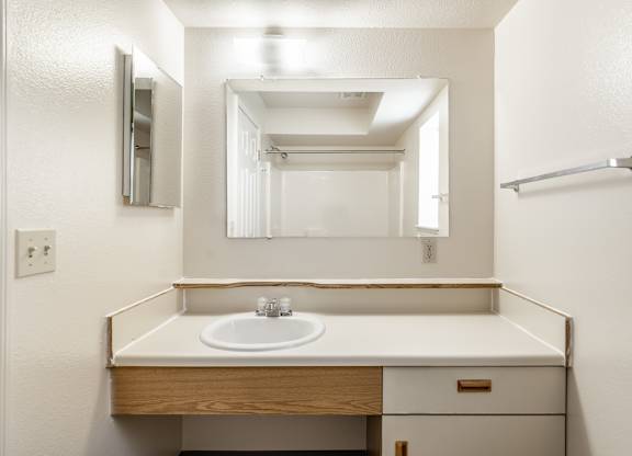 A bathroom with a sink and mirror
