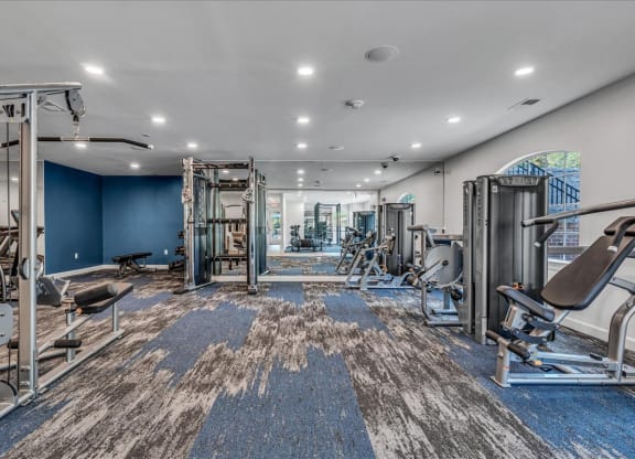 a gym with weights and cardio equipment in a building with blue walls at The Vinings Apartments in Richmond, VA