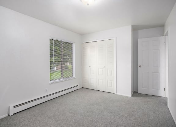spacious bedroom with a closet and large window at Fairlane Apartments in Springfield, MI