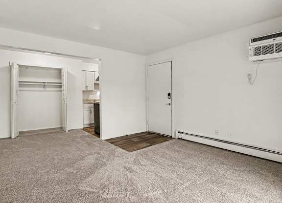 Studio with open closet and carpeted floor at Fairlane Apartments, Springfield, 49037