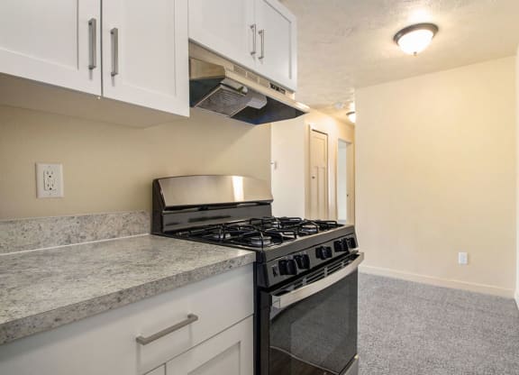 a kitchen with a gas stove and white cabinets at Old Farm Apartments, Elkhart, Indiana