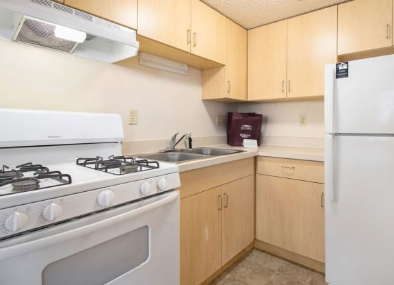 a studio kitchen with a stove refrigerator and a sink at Old Farm Apartments, Elkhart, Indiana