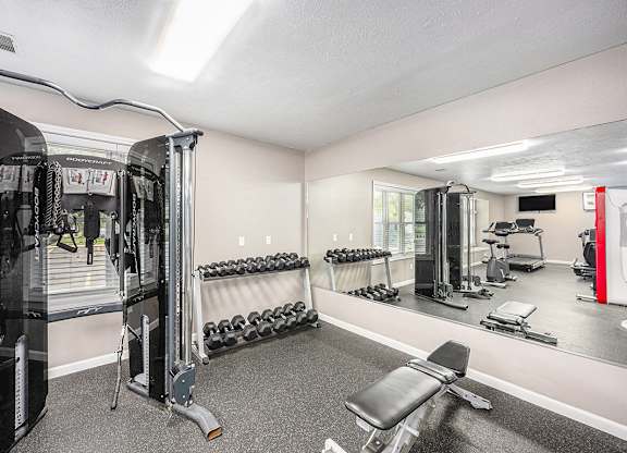 A well-equipped gym with a variety of machines and weights at Gull Prairie/Gull Run Apartments and Townhomes, Kalamazoo