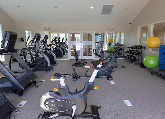 A gym with a variety of exercise equipment including treadmills, stationary bikes, and weight machines.