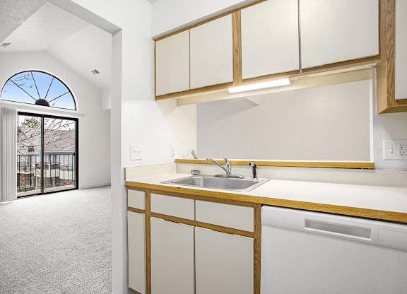 a kitchen with a dishwasher and a view at Hampton Lakes Apartments, Michigan, 49534