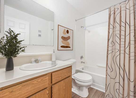 a bathroom with a shower curtain and a sink at Hampton Lakes Apartments, Michigan, 49534