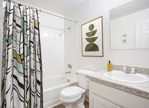 An upgraded bathroom with a toilet, a sink, and a shower curtain at Hampton Lakes Apartments, Michigan, 49534
