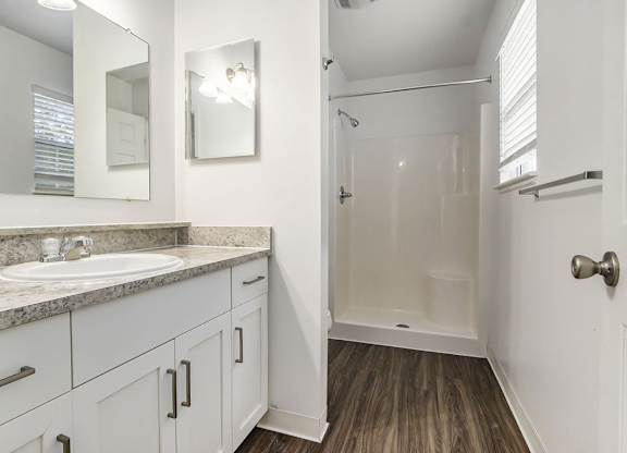 A bathroom with a sink, mirror, and vinyl plank floor at Foxwood and The Hermitage, Portage, MI, 49024