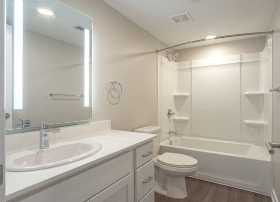 New Bathroom Upgrade with new countertops and mirror at Hillside Apartments, Wixom, MI