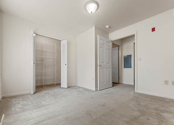 A white bedroom with a carpeted floor and a walk-in closet at Hunters Pond Apartment Homes, Illinois, 61820