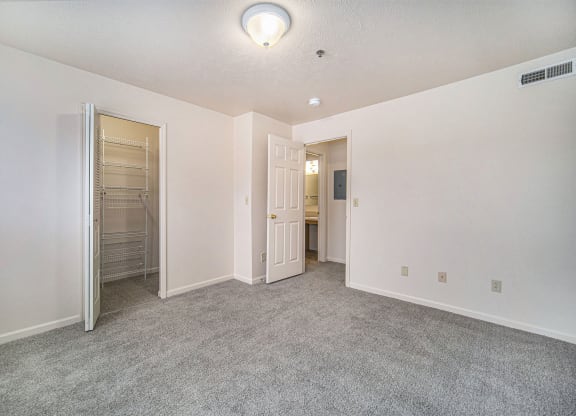 an empty bedroom with a walk-in closet at Hurwich Farms Apartments, Indiana