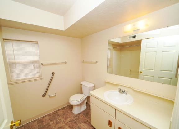 a bathroom with a window, toilet, sink and a mirror at Hurwich Farms Apartments, Indiana