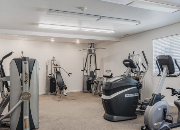 a gym with cardio machines and other exercise equipment at Polo Run Apartments, Greenwood, 46142
