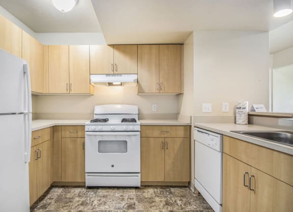 Kitchen with Dishwasher and Gas Range at Indian Lakes Apartments, Mishawaka, IN