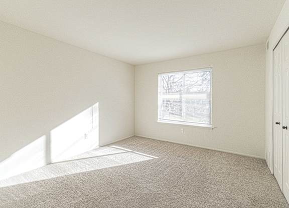 A room with a carpeted floor and a window letting in sunlight.