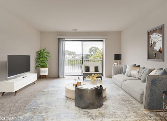 a living room with a gray couch and a white coffee table in front of a sliding glass at The Landings Apartments, Michigan, 48185