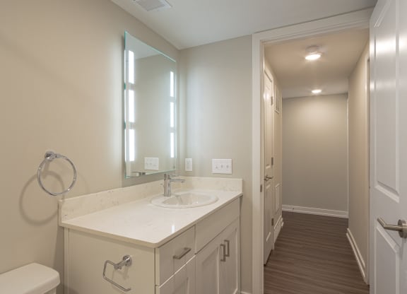 a bathroom with a sink and a mirror at Hillside Apartments, Michigan, 48393