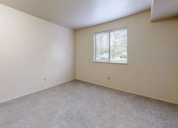 spacious bedroom with a window and plush carpeting at Irish Hills Apartments, South Bend, Indiana