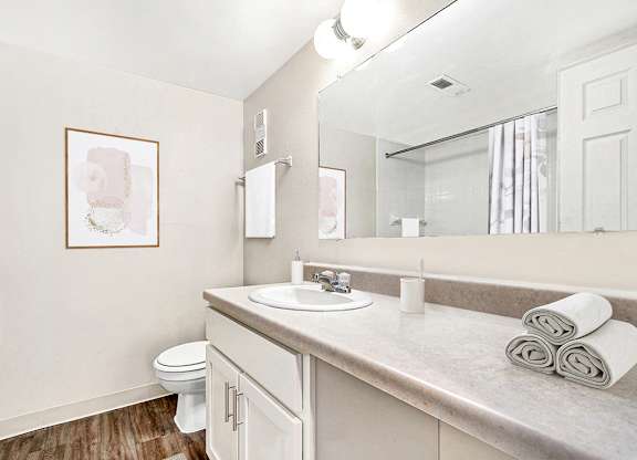 An upgraded bathroom with a toilet, sink, and large vanity with a mirror at Irish Hills Apartments, South Bend, Indiana