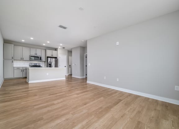 a living room and kitchen with wood floors and white walls at Ironwood Flats in FL 33511