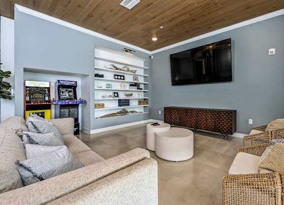 A living room with a couch, a chair, and a television at Ironwood Flats Apartments, Brandon, 33511